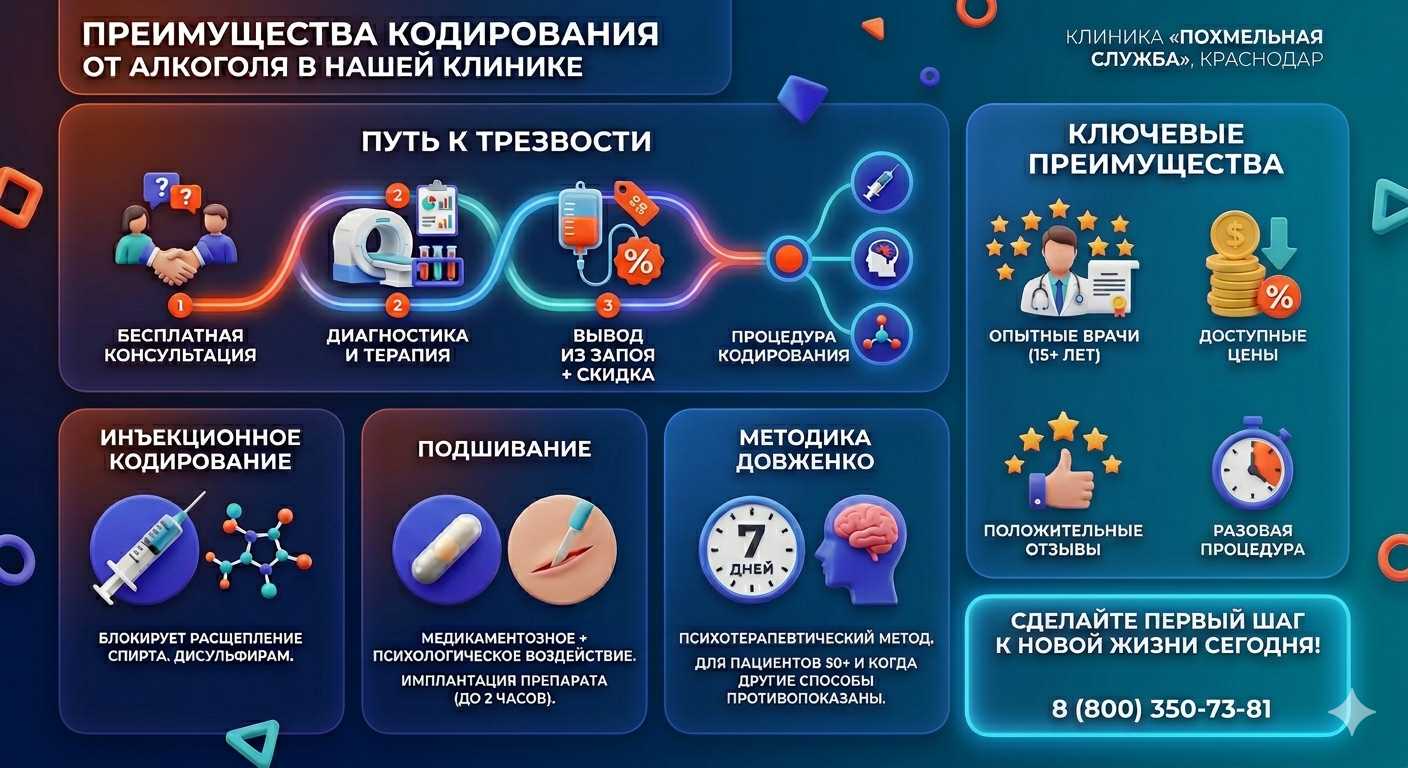 Инфографика о методах кодирования от алкоголя в Зеленчукской: инъекции, подшивание, метод Довженко. Преимущества клиники и этапы лечения.