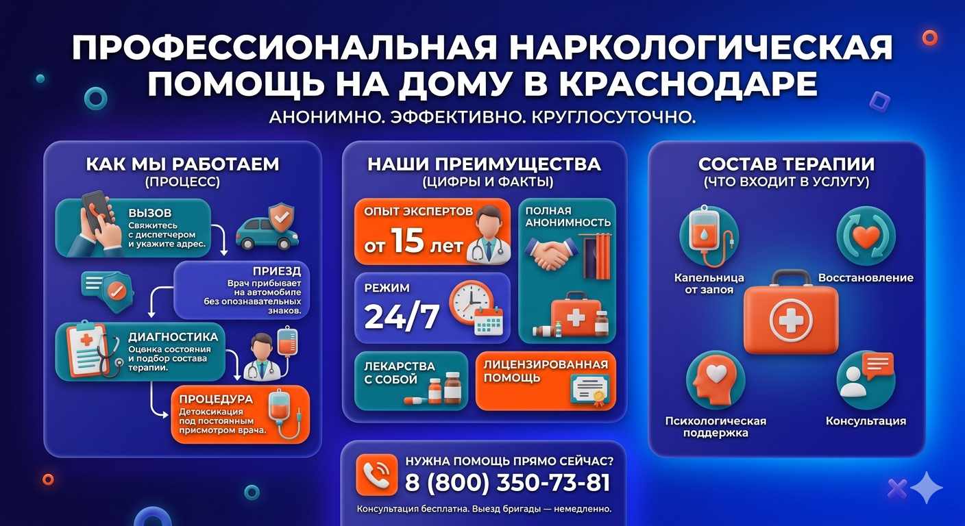 Инфографика о принципах лечения алкоголизма на дому в Зеленчукской: этапы вызова нарколога, преимущества анонимной детоксикации и состав медицинской помощи.